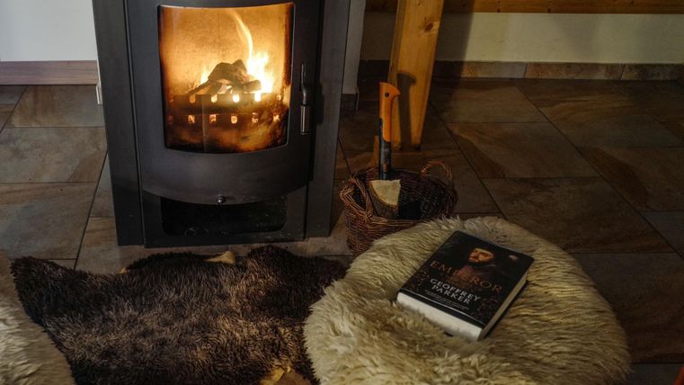 Ein gemütlicher Raum mit einem Kamin, der ein warmes Feuer zeigt. Auf dem Boden liegen tierfellartige Teppiche und ein Buch liegt auf einem der Sitze.