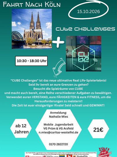 Eine Einladung zu einer Veranstaltung in Köln am 15. Oktober 2026. Es wird ein spannendes Erlebnis mit verschiedenen Herausforderungen angeboten.