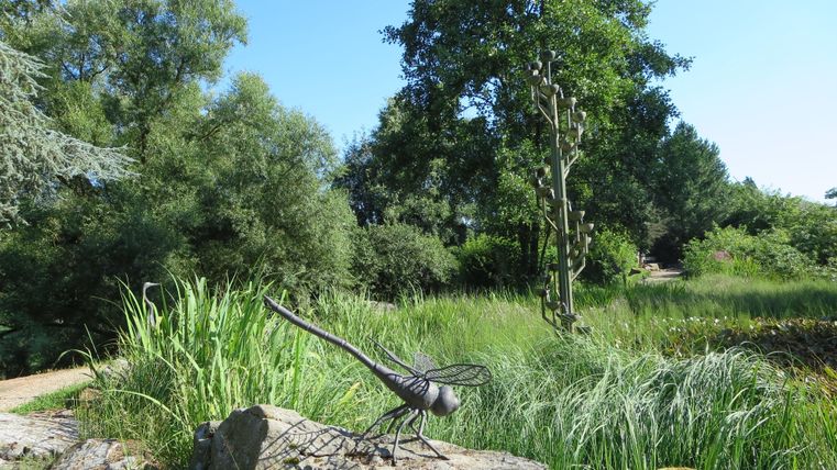 Eine grüne Landschaft mit hohen Gräsern und einem großen Baum im Hintergrund. Im Vordergrund steht eine Drahtskulptur einer Libelle auf einem Stein.