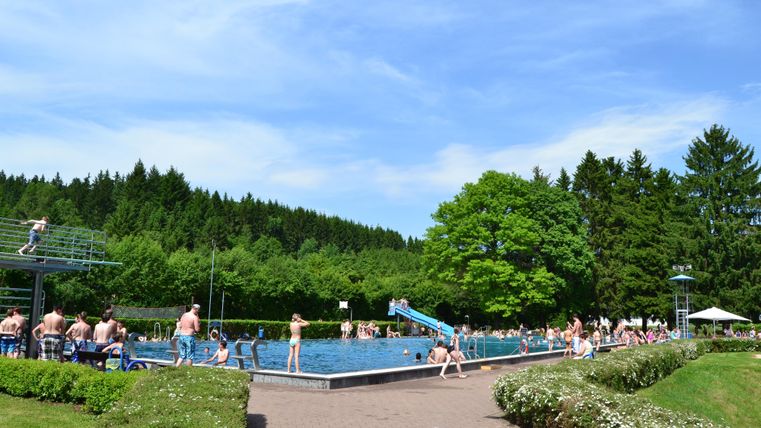 Ein Schwimmbad mit vielen Menschen, die sich im Wasser aufhalten. Im Hintergrund sind grüne Bäume und ein blauer Himmel zu sehen.