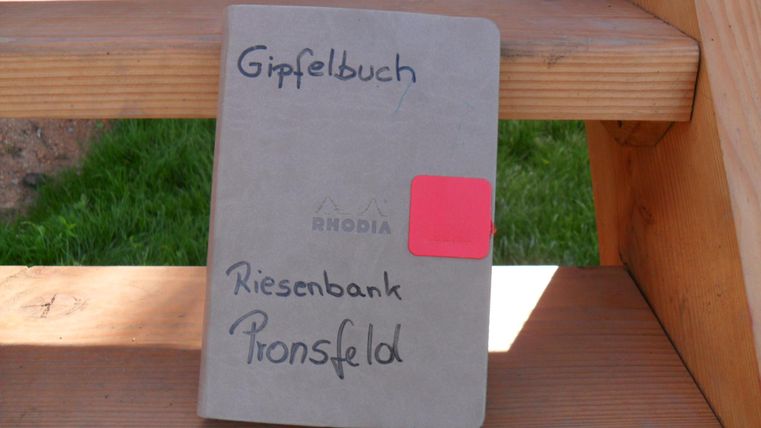 Ein Gipfelbuch mit dem Titel "Riesenbank Pronsfeld" liegt auf einer Holzbank. Es hat ein graues Cover und ein rotes Etikett.
