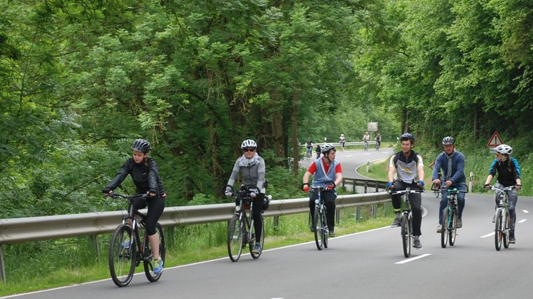 Eine Gruppe von Radfahrern fährt eine Landstraße entlang. Die Umgebung ist grün und bewaldet, was eine ruhige Atmosphäre schafft.