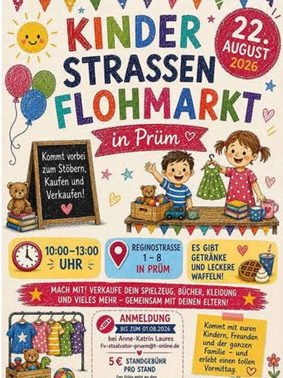 Een kleurrijke flyer voor een kinderrommelmarkt in Prüm. Er worden spellen, boeken en kleding verkocht, met aanbiedingen voor dranken en wafel.