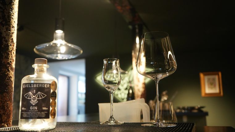 Een stijlvolle barruimte met een fles gin en twee glazen. De verlichte omgeving creëert een gezellige sfeer.