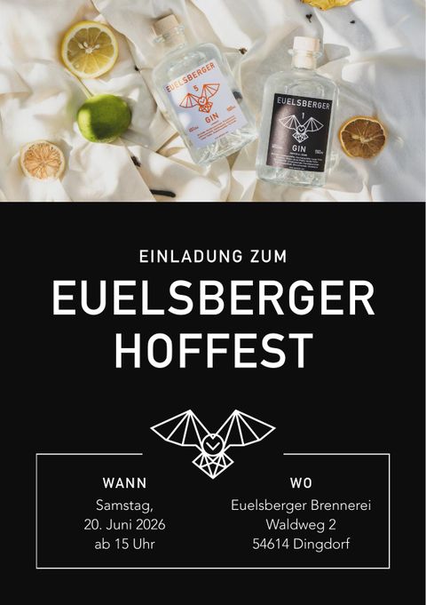 Design d'invitation pour la fête de la cour d'Euelsberger. On y voit deux bouteilles de gin et une décoration lilas beige avec une date et un lieu.