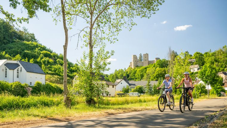 Radfahrer auf einem Weg entlang grüner Wiesen, umgeben von Bäumen und einem historischen Schloss im Hintergrund. Die Szenerie strahlt einladende Natur und Freizeitaktivitäten aus.
