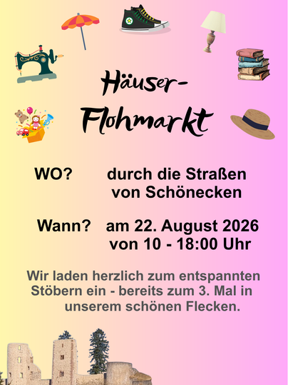 Een kleurrijke flyer voor een huizen-vlooienmarkt. Hij vindt plaats op 22 augustus 2026 in de straten van Schönecken en nodigt uit om te snuffelen.