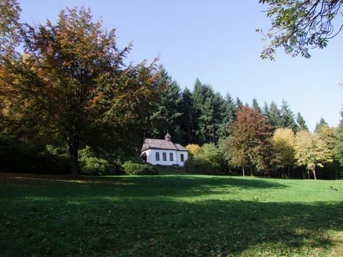 Ein kleines weißes Haus steht inmitten einer grünen Wiese. Rundherum sind Bäume mit buntem Herbstlaub.