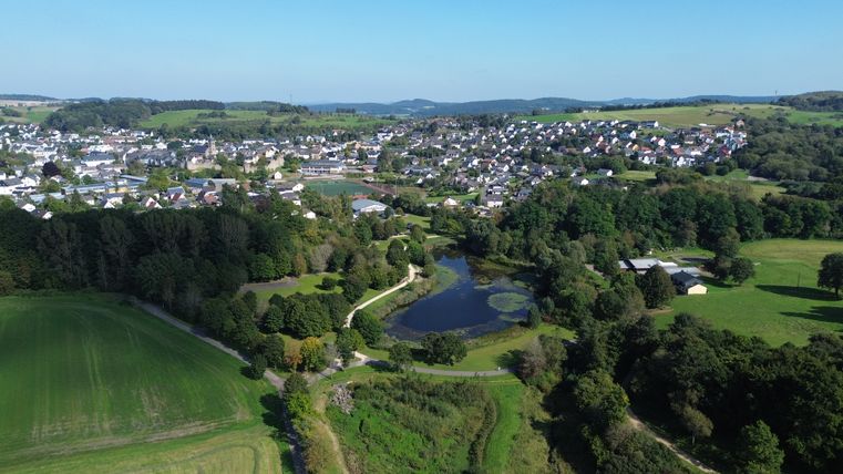 Luchtfoto van de stad Hillesheim met het kleine meer in de vallei van het Bosldorfer Tälchen en de omliggende bossen en velden.