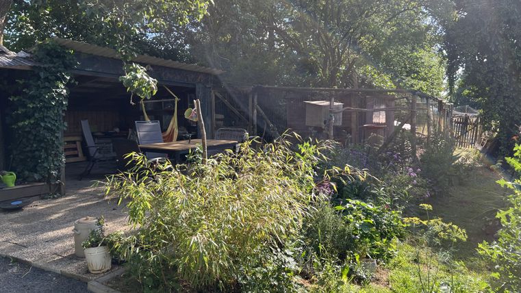 Ein einladender Garten mit einem gemütlichen Sitzbereich und üppigen Pflanzen. Im Hintergrund ist ein eingezäunter Bereich zu sehen, möglicherweise für Tiere.