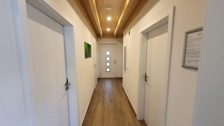 Ein heller Flur mit Holzdecken und modernen Türen. Der Boden ist aus Holz und es gibt ein grünes Kunstwerk an der Wand.