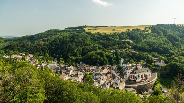 Panoramablick auf Neuerburg mit Kirche und umliegenden Wäldern.
