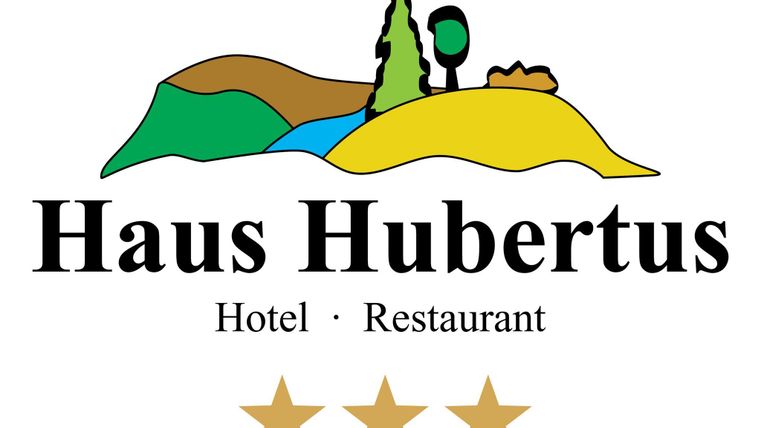 Ein Logo des "Haus Hubertus" mit einer stilisierten Landschaft. Es zeigt die Schriftzüge "Hotel · Restaurant" und drei Sterne.