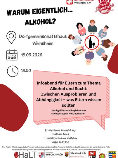 An informational evening for parents about alcohol and addiction will take place at the community center in Weinheim. The topic is "Why Alcohol Anyway?" and the event starts on September 15, 2026, at 6:00 p.m.