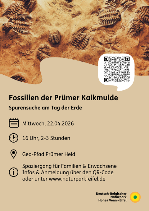 Ein Informationsblatt über eine Fossiliensuche in der Prümer Kalkmulde. Der Veranstaltungstermin und wichtige Details sind aufgelistet.