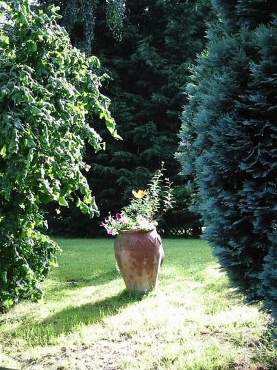 Ein dekorativer Topf mit Blumen steht im Garten. Umgeben von grünen Pflanzen und Bäumen im Hintergrund.