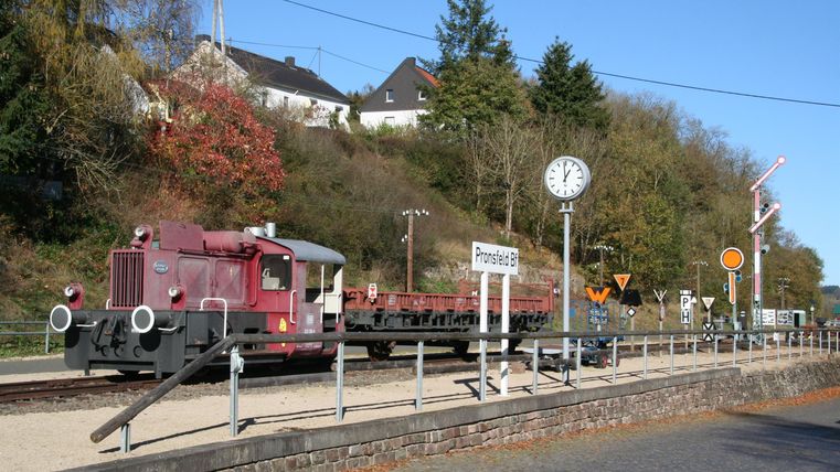 Ein Bahnhof mit einer roten Lok und Waggons steht auf den Gleisen. Im Hintergrund sind Häuser und Bäume zu sehen, unter einem klaren blauen Himmel.