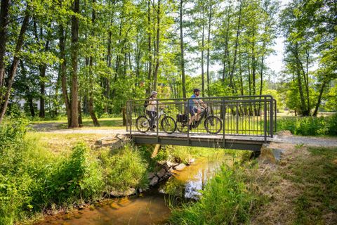<p><p>Two cyclists are crossing a small stream via a bridge. In the background, there are many deciduous trees standing in groups. The sun is shining.</p></p>