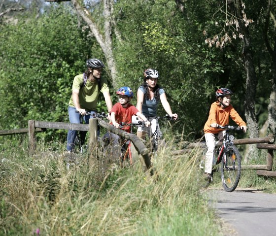 Eine Familie mit Helmen fährt auf Fahrrädern einen Waldweg entlang, umgeben von grüner Natur und Bäumen., © Eifel Tourismus GmbH/intention