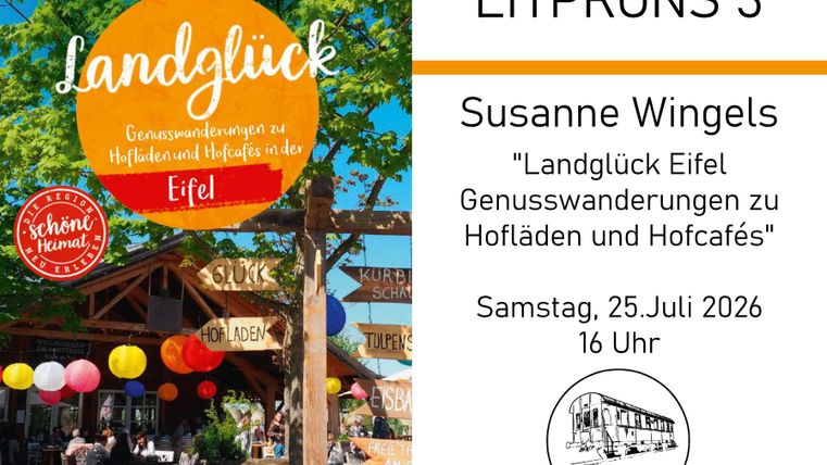 Ein einladendes Café im Freien mit bunten Laternen und einem sonnigen Himmel. Es gibt ein Plakat, das eine Veranstaltung zu Genusswanderungen in der Eifel ankündigt.