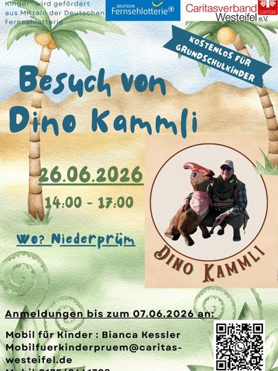 Een uitnodiging voor een evenement met het bezoek van Dino Kammlis op 26.06.2026. De activiteit is gratis voor basisschoolkinderen en vindt plaats in Niederprüfn.