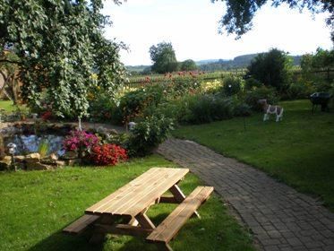 Ein schöner Garten mit einem Holzpicknicktisch und bunten Blumenbeeten. Im Hintergrund ist ein ruhiger Weg und eine grüne Landschaft zu sehen.