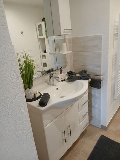 Ein modernes Badezimmer mit einem Waschbecken und einem großen Spiegel. An der Wand sind Handtuchheizkörper und ein Regal zu sehen.