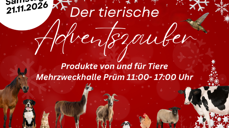 Eine festliche Veranstaltung für Tiere mit verschiedenen Tieren auf rotem Hintergrund. Es werden Produkte für und von Tieren angeboten, und die Veranstaltung findet am 21. November 2026 statt.
