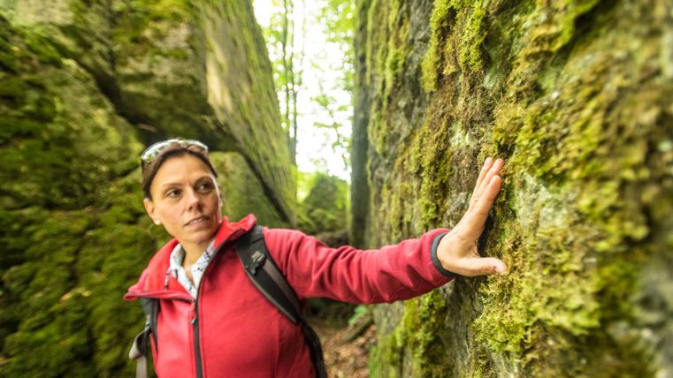 Eine Frau in roter Jacke berührt einen moosbewachsenen Felsen im Wald.