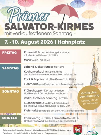 Une affiche pour la fête du Salvator avec des informations sur les événements du 7 au 10 août 2026. Elle présente différents points de programme et activités chaque jour.