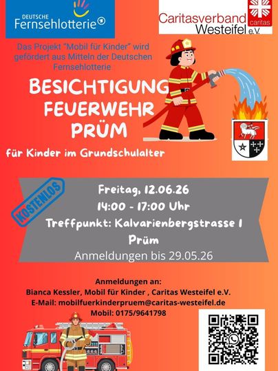Une affiche pour une visite des pompiers pour les enfants à Prüm. Elle contient des informations sur l'événement, y compris la date, l'heure et les possibilités d'inscription.