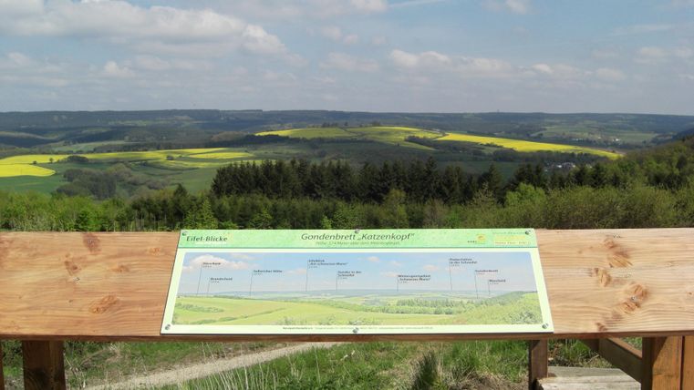Eine Aussichtstafel steht an einem Aussichtspunkt mit Blick auf grüne Felder und Wälder. Der Himmel ist klar mit einigen Wolken.