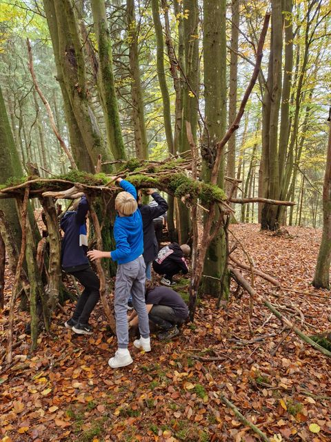 Eine Gruppe von Kindern baut eine Konstruktion aus Ästen und Zweigen im Wald. Die Umgebung ist herbstlich mit buntem Laub auf dem Boden.
