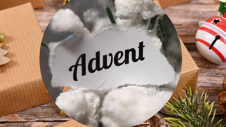 An Advent theme with decorative gifts and Christmas ornaments. The word "Advent" is prominent against a festive background.