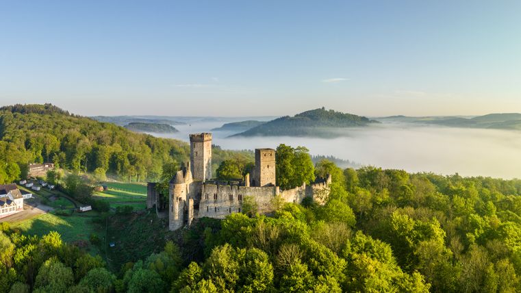 Luftaufnahme der Kasselburg in Pelm, umgeben von grünen Wäldern und Nebel in der Ferne.