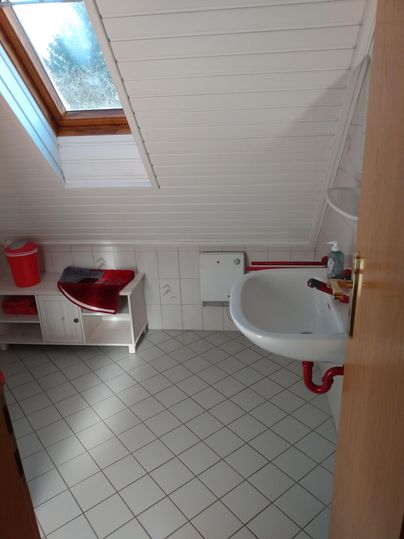 Ein Badezimmer mit einem Waschbecken und einem Dachfenster. Es gibt einen kleinen Schrank mit rotem Zubehör.