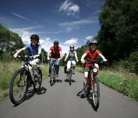 Vier Radfahrer, darunter zwei Kinder, fahren auf einem asphaltierten Weg durch eine grüne Landschaft. Der Himmel ist blau mit wenigen Wolken., © Eifel Tourismus GmbH/intention