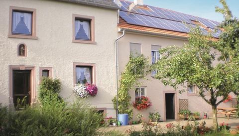 Ein charmantes Haus mit Blumenkästen und Solarpanelen auf dem Dach. Der Garten ist grün und einladend, mit Bäumen und Sträuchern.