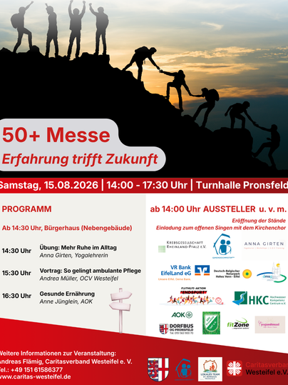 Un événement pour les personnes de plus de 50 ans avec des informations et des ateliers.
Le salon a lieu le 15 août 2026 dans le gymnase de Pronsfeld.