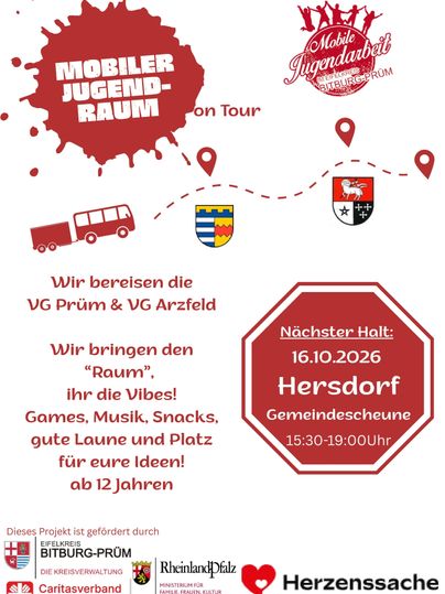 Ein Flyer für die mobile Jugendarbeit mit Informationen zu den kommenden Veranstaltungen in Habscheid und Bleialf. Es werden Spiele, Musik und Snacks für Kinder und Jugendliche angeboten.