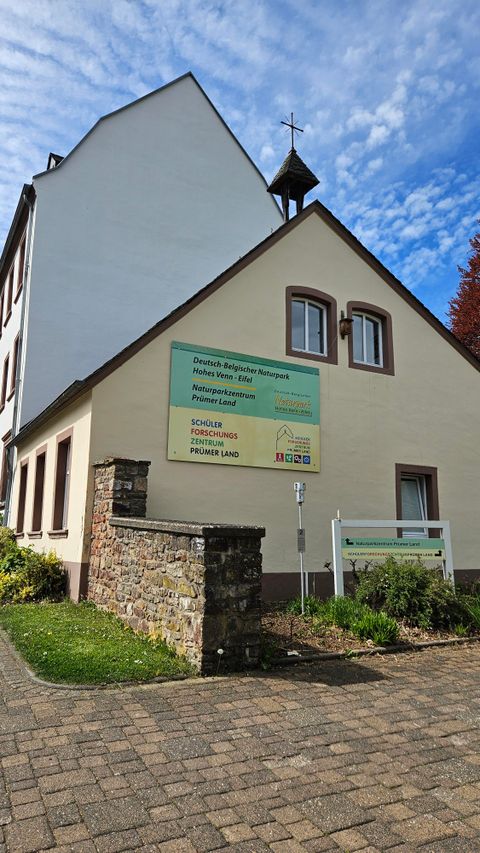 Ein modern gestaltetes Gebäude mit großen Fenstern und einem Glockenturm. Im Vordergrund ist ein begrüntes Gelände mit Bäumen und Straßenlaternen zu sehen.