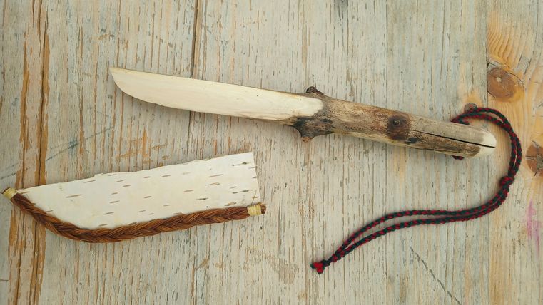 Eine Gruppe von Kindern geht im Wald, während sie Augenbinden tragen. Sie sind mit Rucksäcken ausgestattet und halten sich an den Schultern fest.