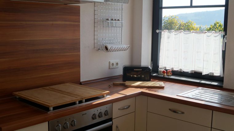 Eine moderne Küche mit Holzarbeitsplatten und einem Herd. Das Fenster bietet einen Blick ins Freie und sorgt für natürliches Licht.