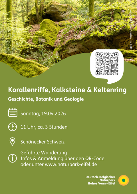 Ein Veranstaltungshinweis für eine geführte Wanderung im Naturpark. Das Bild zeigt einen grünen Wald mit Felsen und Informationen zu Datum und Uhrzeit.