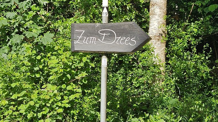 Un panneau indiqué à gauche et pointe vers "Zum Dreies". L'environnement est entouré de plantes vertes et d'arbres.