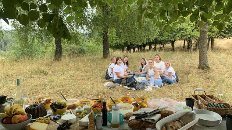 Eine fröhliche Picknick-Szene im Freien mit einer Auswahl an Käse, Obst und Getränken auf einem Tisch. Im Hintergrund sitzen mehrere Personen auf einer Decke unter Bäumen.