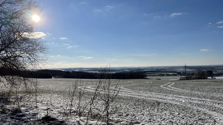Eine Winterlandschaft mit schneebedecktem Boden und einem klaren blauen Himmel. Die Sonne scheint hell und es gibt einige Spuren im Schnee.