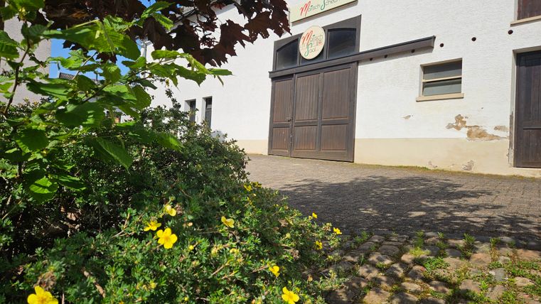 Une cour tranquille avec un grand portail en bois et des murs blancs. Devant le portail, des fleurs jaunes s'épanouissent dans un buisson vert.