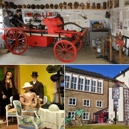 Das Bild zeigt einen Feuerwehrwagen im Museum mit historischen Ausstellungsstücken. Außerdem sind Schaufensterpuppen in alten Kleidern und ein modernes Gebäude im Hintergrund zu sehen.